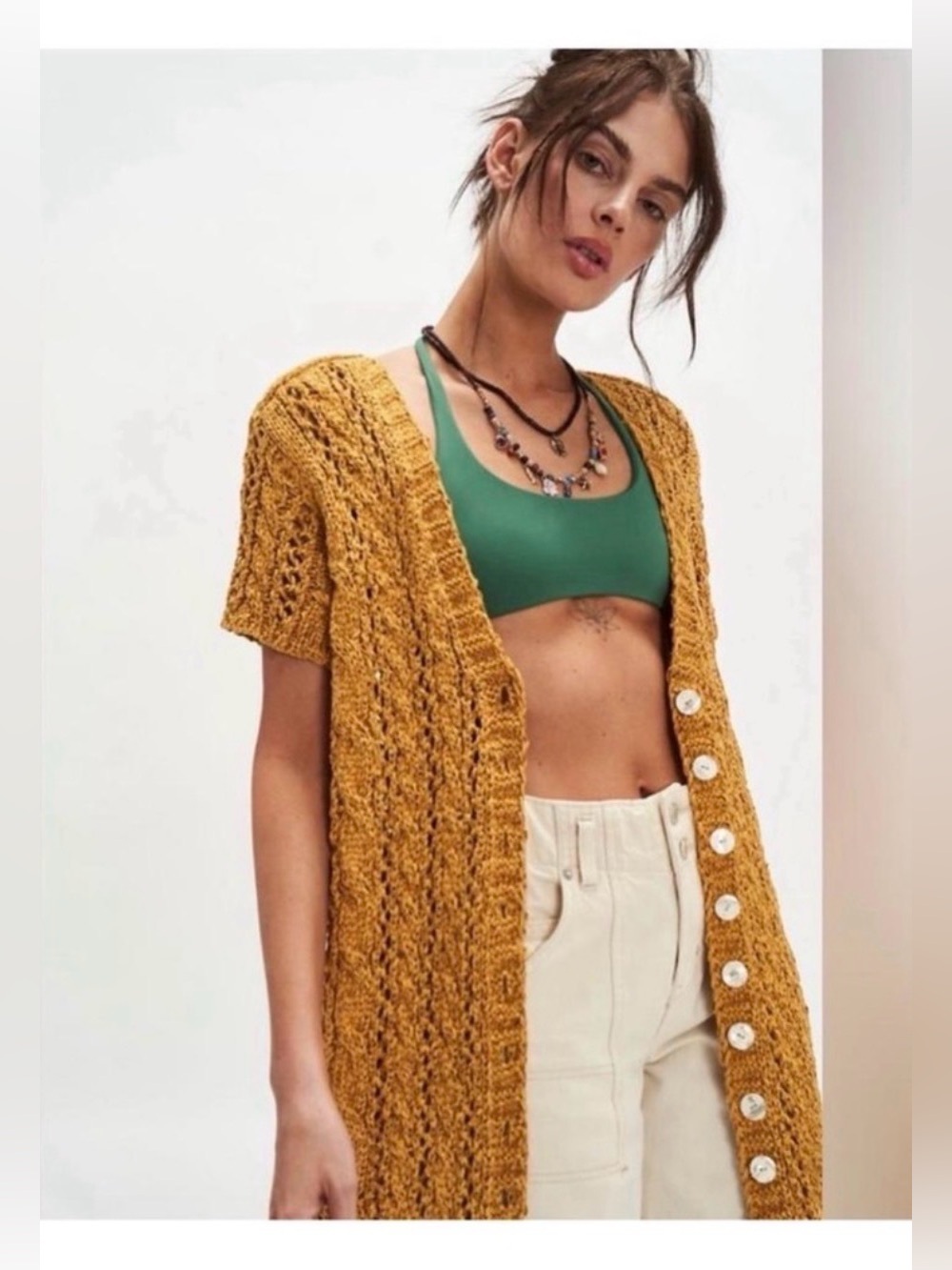 NWOT Free People Luxe Parker Golden Honey Yellow Open Crochet Duster Cardigan L - Picture 3 of 6